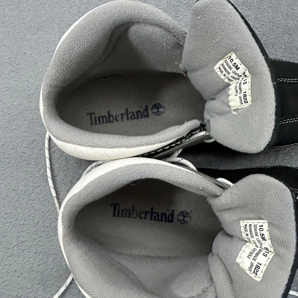 Timberland Mens 10.5 M Black Leather Mid Hiking Boots Style 1822 Grey White Trim